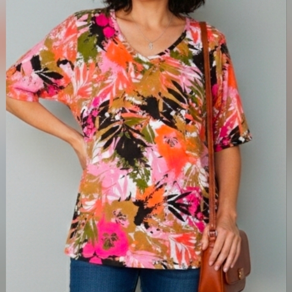 Denim & Co Active Printed Lightweight Short Sleeve Perfect Jersey V-Neck Top, L